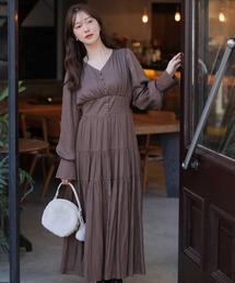 極美品 マリハ 夕明りのドレス ブラウン マキシワンピース ティアード 長袖36 ワンピース（ブラウン/茶色系・ティアード）ファッション通販