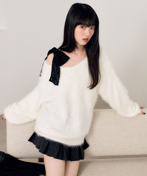 Heather（ヘザー）の「マルチWAYフェザーニット　620339（ニット/セーター・レディース・ピンク/アイボリー/ブルー/ブラウン・FREE）」の2枚目の写真