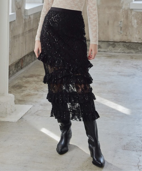 etre loin(エトルワン)の「Shiny lace tiered skirt(スカート・レディース・ブラック/ホワイト/ピンク・M)」の5枚目の写真