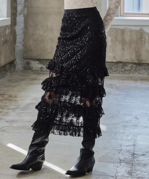 etre loin(エトルワン)の「Shiny lace tiered skirt(スカート・レディース・ブラック/ホワイト/ピンク・M)」の7枚目の写真