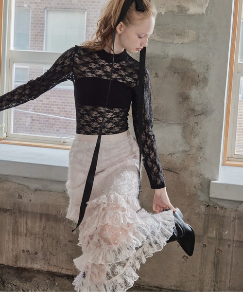 etre loin(エトルワン)の「Shiny lace tiered skirt(スカート・レディース・ブラック/ホワイト/ピンク・M)」の9枚目の写真