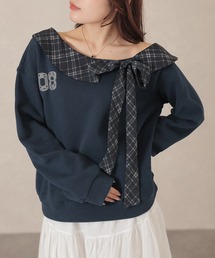 チェック柄 カラー付き リボン 長袖 プルオーバー