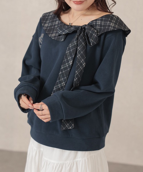 Lace Ladies(レースレディース)の「チェック柄 カラー付き リボン 長袖 プルオーバー(スウェット・レディース・ブラウン/ネイビー/グレー・FREE)」の19枚目の写真