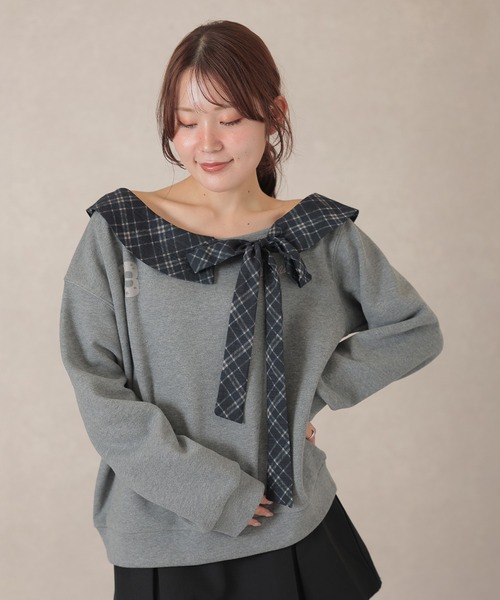 Lace Ladies(レースレディース)の「チェック柄 カラー付き リボン 長袖 プルオーバー(スウェット・レディース・ブラウン/ネイビー/グレー・FREE)」の4枚目の写真
