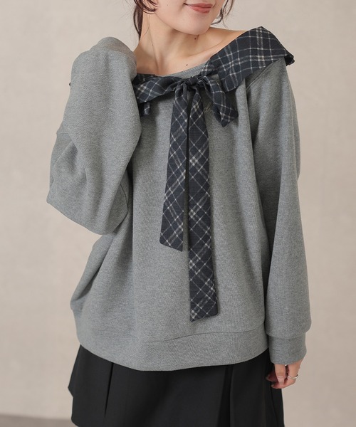 Lace Ladies(レースレディース)の「チェック柄 カラー付き リボン 長袖 プルオーバー(スウェット・レディース・ブラウン/ネイビー/グレー・FREE)」の5枚目の写真