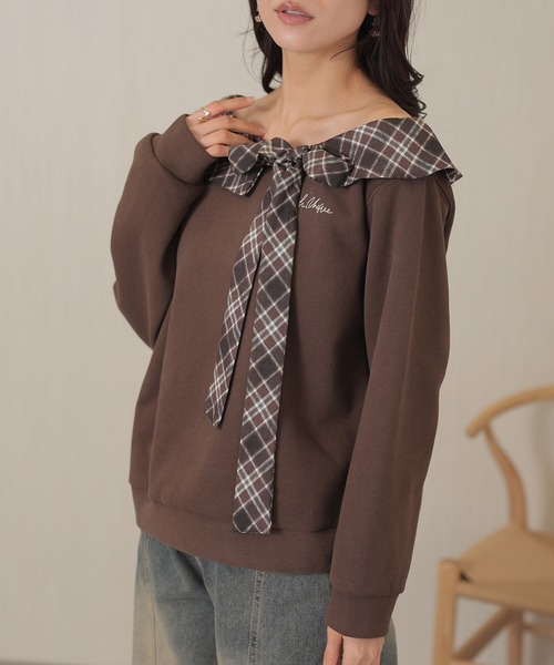 Lace Ladies(レースレディース)の「チェック柄 カラー付き リボン 長袖 プルオーバー(スウェット・レディース・ブラウン/ネイビー/グレー・FREE)」の8枚目の写真