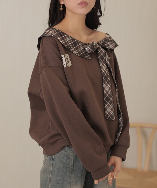 Lace Ladies(レースレディース)の「チェック柄 カラー付き リボン 長袖 プルオーバー(スウェット・レディース・ブラウン/ネイビー/グレー・FREE)」の9枚目の写真