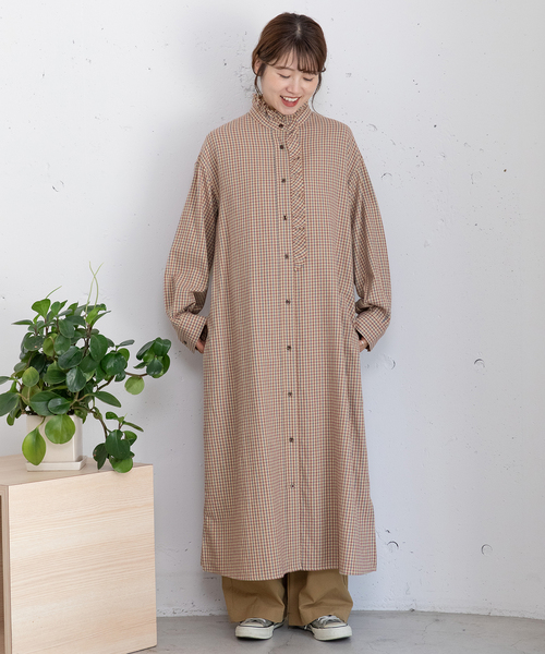 セール】ビエラチェックフリル使いシャツワンピース（ワンピース