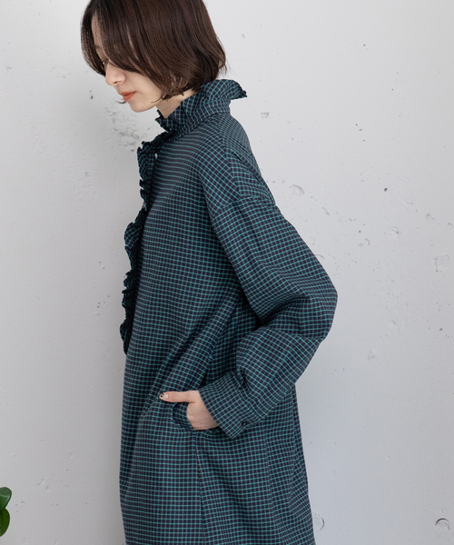 セール】ビエラチェックフリル使いシャツワンピース（ワンピース