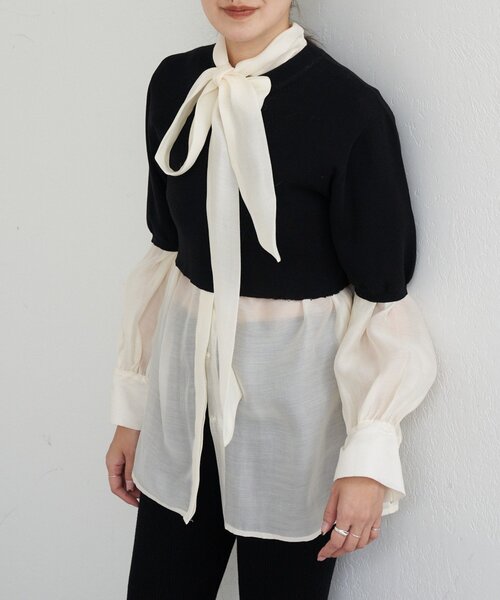 SHENERY（シーナリー）の「ボウタイブラウス（シャツ/ブラウス・レディース・ブラック/オフホワイト・FREE）」の2枚目の写真