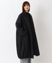 裾バルーン 中綿ノーカラーロングコート