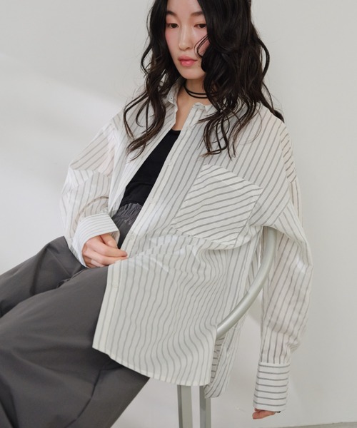 Shelly island（シェリーアイランド）の「シアーストライプシャツ（シャツ/ブラウス・レディース・ホワイト/ベージュ/ブルー・FREE）」の2枚目の写真