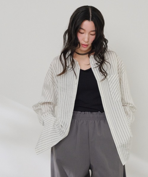 Shelly island（シェリーアイランド）の「シアーストライプシャツ（シャツ/ブラウス・レディース・ホワイト/ベージュ/ブルー・FREE）」の5枚目の写真