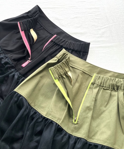 Q(キュー)の「メッシュドッキングスカート(スカート・レディース・ブラック/カーキオリーブ・MEDIUM)」の4枚目の写真