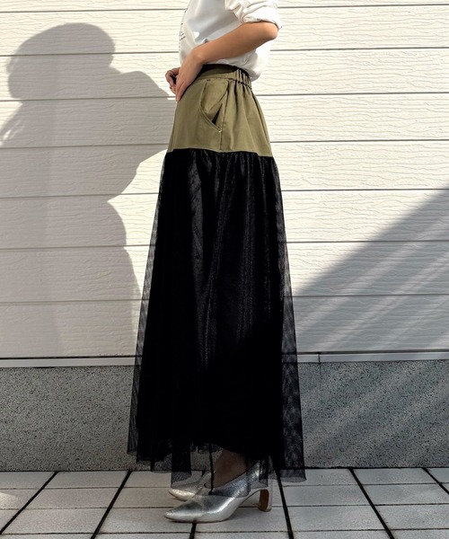 Q(キュー)の「メッシュドッキングスカート(スカート・レディース・ブラック/カーキオリーブ・MEDIUM)」の18枚目の写真