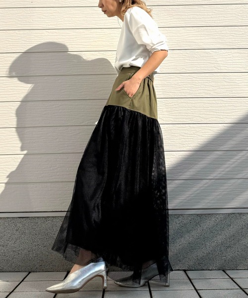 Q(キュー)の「メッシュドッキングスカート(スカート・レディース・ブラック/カーキオリーブ・MEDIUM)」の11枚目の写真