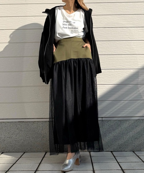 Q(キュー)の「メッシュドッキングスカート(スカート・レディース・ブラック/カーキオリーブ・MEDIUM)」の10枚目の写真