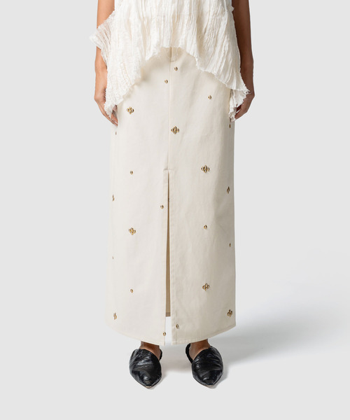 muller of yoshiokubo（ミュラーオブヨシオクボ）の「muller of yoshiokubo ミュラーオブヨシオクボ / METAL BEANS SKIRT メタルビーズデニムロングスカート / MLS26403（スカート・レディース・ブラック/アイボリー・38）」の7枚目の写真