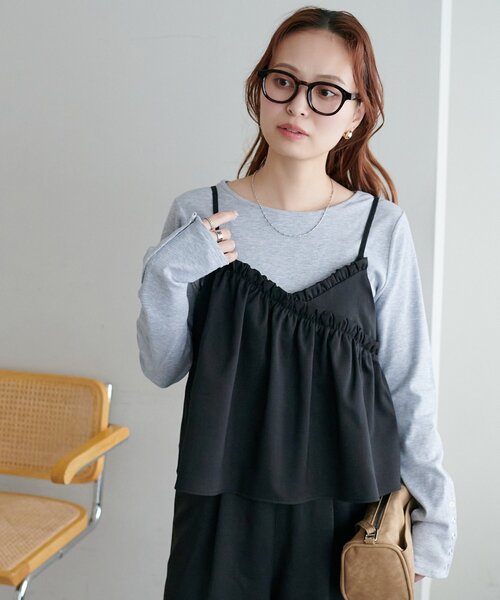 DISCOAT（ディスコート）の「【WEB限定】クロスフリルサロペット（サロペット/オーバーオール・レディース・グレイッシュベージュ/ブラック・MEDIUM）」の8枚目の写真