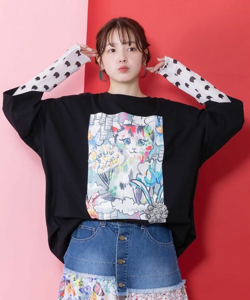 ScoLar（スカラー）の「ScoLar(スカラー) 画家スカラーちゃんネコ柄チュール切替チュニック（チュニック・レディース・オフホワイト/ブラック・MEDIUM）」の11枚目の写真