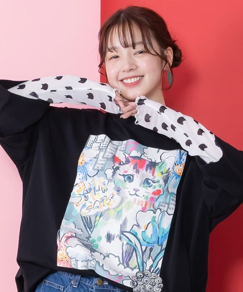 ScoLar（スカラー）の「ScoLar(スカラー) 画家スカラーちゃんネコ柄チュール切替チュニック（チュニック・レディース・オフホワイト/ブラック・MEDIUM）」の15枚目の写真