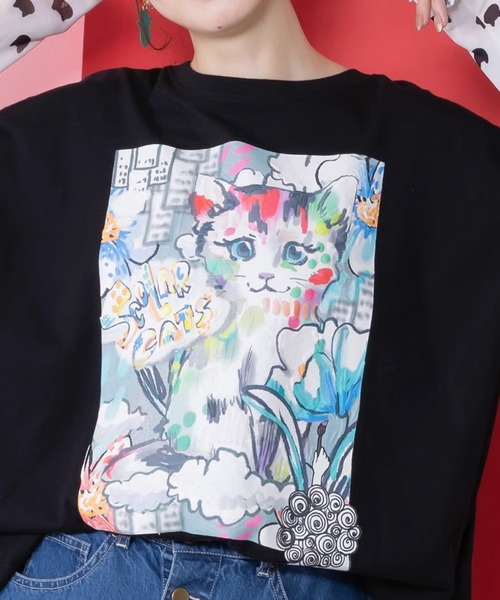 ScoLar（スカラー）の「ScoLar(スカラー) 画家スカラーちゃんネコ柄チュール切替チュニック（チュニック・レディース・オフホワイト/ブラック・MEDIUM）」の3枚目の写真