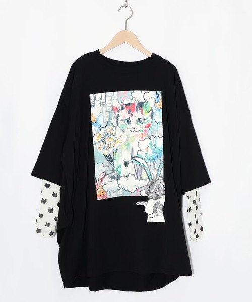 ScoLar（スカラー）の「ScoLar(スカラー) 画家スカラーちゃんネコ柄チュール切替チュニック（チュニック・レディース・オフホワイト/ブラック・MEDIUM）」の5枚目の写真