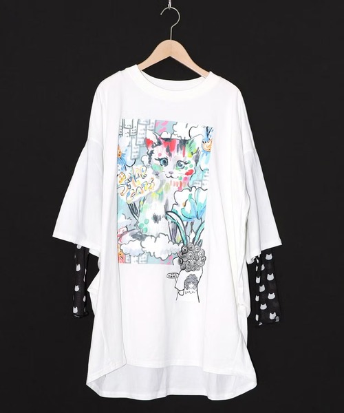 ScoLar（スカラー）の「ScoLar(スカラー) 画家スカラーちゃんネコ柄チュール切替チュニック（チュニック・レディース・オフホワイト/ブラック・MEDIUM）」の7枚目の写真