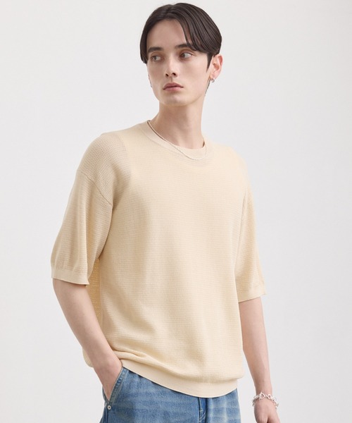 LUENNA（ルエナ）の「【LUENNA】Mesh Crew Neck Summer Knit T-Shirt / メッシュクルーネックサマーニットTシャツ（Tシャツ/カットソー・メンズ・ブラック/アイボリー・S/M/L）」の2枚目の写真
