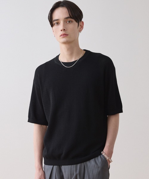 LUENNA】Mesh Crew Neck Summer Knit T-Shirt / メッシュクルーネック