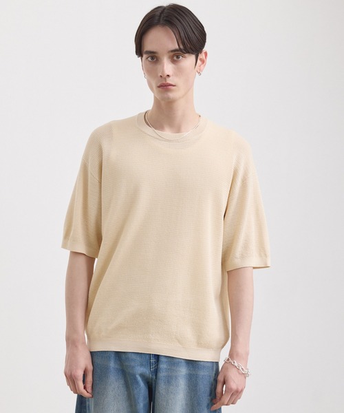 LUENNA（ルエナ）の「【LUENNA】Mesh Crew Neck Summer Knit T-Shirt / メッシュクルーネックサマーニットTシャツ（Tシャツ/カットソー・メンズ・ブラック/アイボリー・S/M/L）」の3枚目の写真