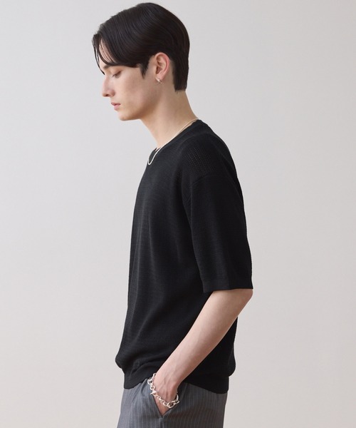 LUENNA（ルエナ）の「【LUENNA】Mesh Crew Neck Summer Knit T-Shirt / メッシュクルーネックサマーニットTシャツ（Tシャツ/カットソー・メンズ・ブラック/アイボリー・S/M/L）」の10枚目の写真