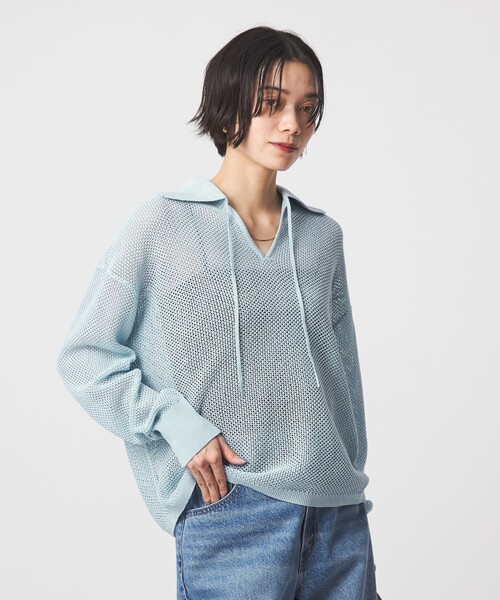 green label relaxing（グリーンレーベルリラクシング）の「メッシュ ポロプルオーバー（ニット/セーター・レディース・ナチュラル/ライトブルー/ブラック/ブラウン系・FREE）」の6枚目の写真