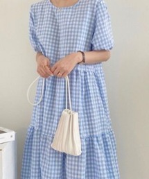 ギンガムチェック 半袖 ティアードロングワンピース