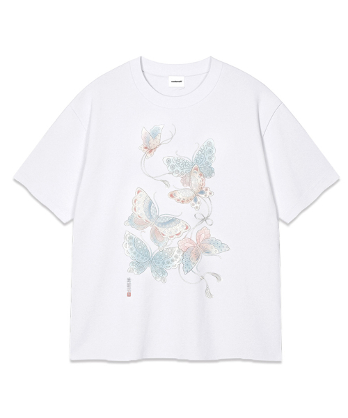 RANDOMOFF(ランダムオフ)の「BUTTERFLY GARDEN OVER FIT T-SHIRT (3color)(Tシャツ/カットソー・レディース・ホワイト/ライトグレー/ブラック・SMALL/MEDIUM/LARGE/X-LARGE)」の4枚目の写真