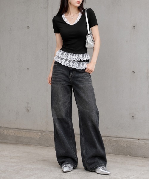 CLOTHY(クロシィ)の「【ちょい甘×ちょい色気×抜け感】レース使いアシメトップス(Tシャツ/カットソー・レディース・オフホワイト/ブラック・FREE)」の8枚目の写真