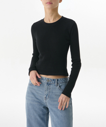 ウィメンズワッフルスリムクルーネック長袖Tシャツ[ブラック]