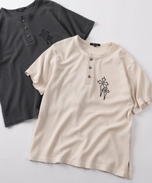 SlashDate（スラッシュデイト）の「【82】ピグメント加工 クロスワンポイント ワッフル ヘンリーネックTシャツ/ユニセックス/レディース/メンズ（Tシャツ/カットソー）」