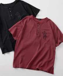 【82】ピグメント加工 クロスワンポイント ワッフル ヘンリーネックTシャツ/ユニセックス/レディース/メンズ