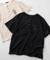 【82】ピグメント加工 クロスワンポイント ワッフル ヘンリーネックTシャツ/ユニセックス/レディース/メンズ