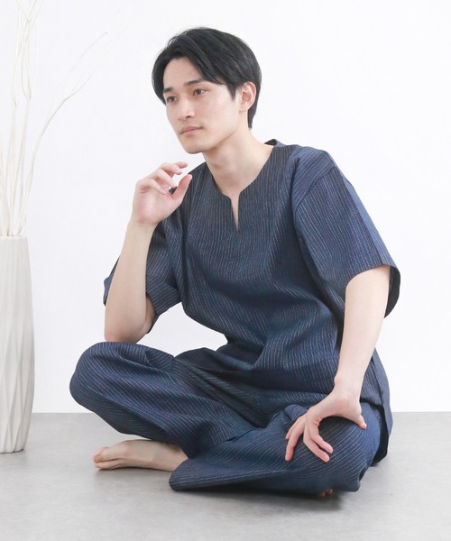 選べる丈】メンズ しじら 甚平 キーネックタイプ(長ズボン/半ズボン