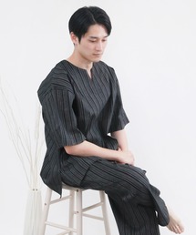 KYOETSU（キョウエツ）の「【選べる丈】メンズ しじら 甚平 キーネックタイプ(長ズボン/半ズボン)（ルームウェア/パジャマ）」