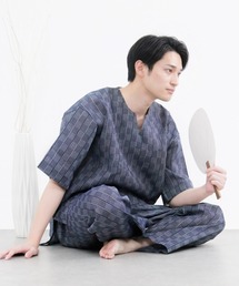 KYOETSU（キョウエツ）の「【選べる丈】メンズ しじら 甚平 キーネックタイプ(長ズボン/半ズボン)（ルームウェア/パジャマ）」