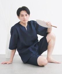 KYOETSU（キョウエツ）の「【選べる丈】メンズ しじら 甚平 キーネックタイプ(長ズボン/半ズボン)（ルームウェア/パジャマ）」
