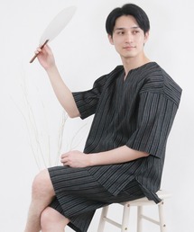 KYOETSU（キョウエツ）の「【選べる丈】メンズ しじら 甚平 キーネックタイプ(長ズボン/半ズボン)（ルームウェア/パジャマ）」