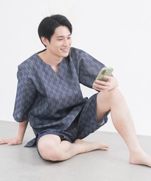 KYOETSU（キョウエツ）の「【選べる丈】メンズ しじら 甚平 キーネックタイプ(長ズボン/半ズボン)（ルームウェア/パジャマ）」