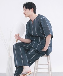 KYOETSU（キョウエツ）の「【選べる丈】メンズ しじら 甚平 キーネックタイプ(長ズボン/半ズボン)（ルームウェア/パジャマ）」