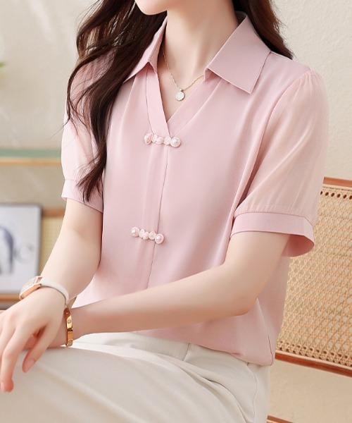 LUCPY(ラクピー)の「チャイナボタンデザイン半袖ブラウス(シャツ/ブラウス・レディース・ピンク/ホワイト・XX-LARGE/X-LARGE/LARGE/MEDIUM)」の4枚目の写真