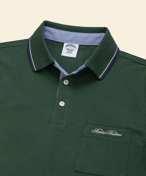 BROOKS BROTHERS（ブルックスブラザーズ）の「コットンストレッチピケ　スクリプトエンブロイダリー　ティップド　ポロシャツ　Slim Fit（ポロシャツ・メンズ・ホワイト/グリーン/ネイビー・LARGE/MEDIUM/SMALL/X-LARGE/X-SMALL）」の4枚目の写真