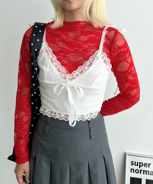 merrylatte(メリーラテ)の「レースシースルートップス【TUNE】(Tシャツ/カットソー・レディース・ピンク/レッド・FREE)」の1枚目の写真